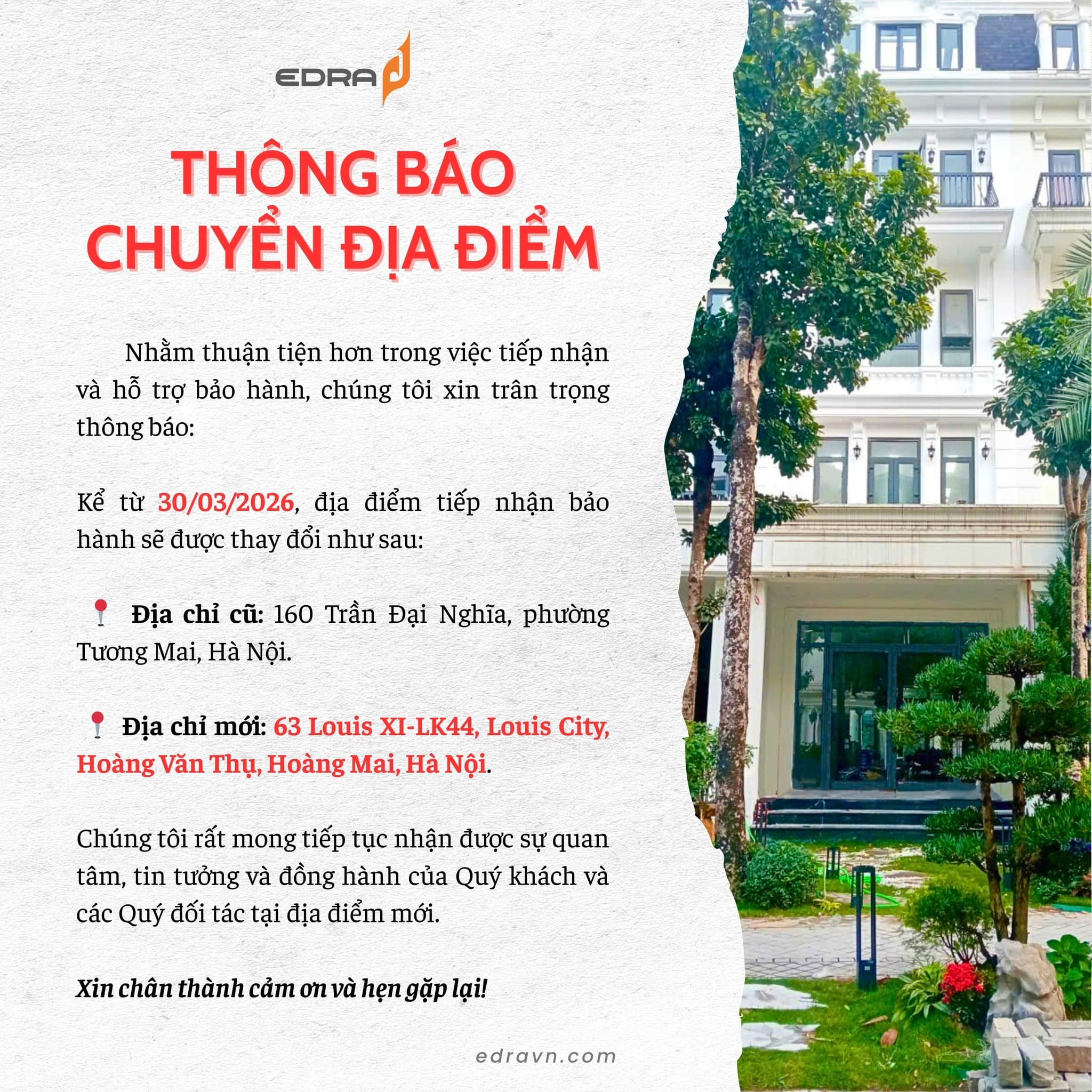 [Thông báo] EDRA Việt Nam thay đổi địa điểm Trung tâm Bảo hành tại Hà Nội